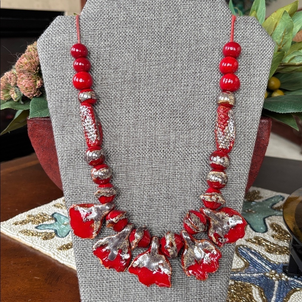 Vintage Red & Silver Tone Beaded Long Necklace Leather Cord Abstract Ceramic - Picture 3 of 15